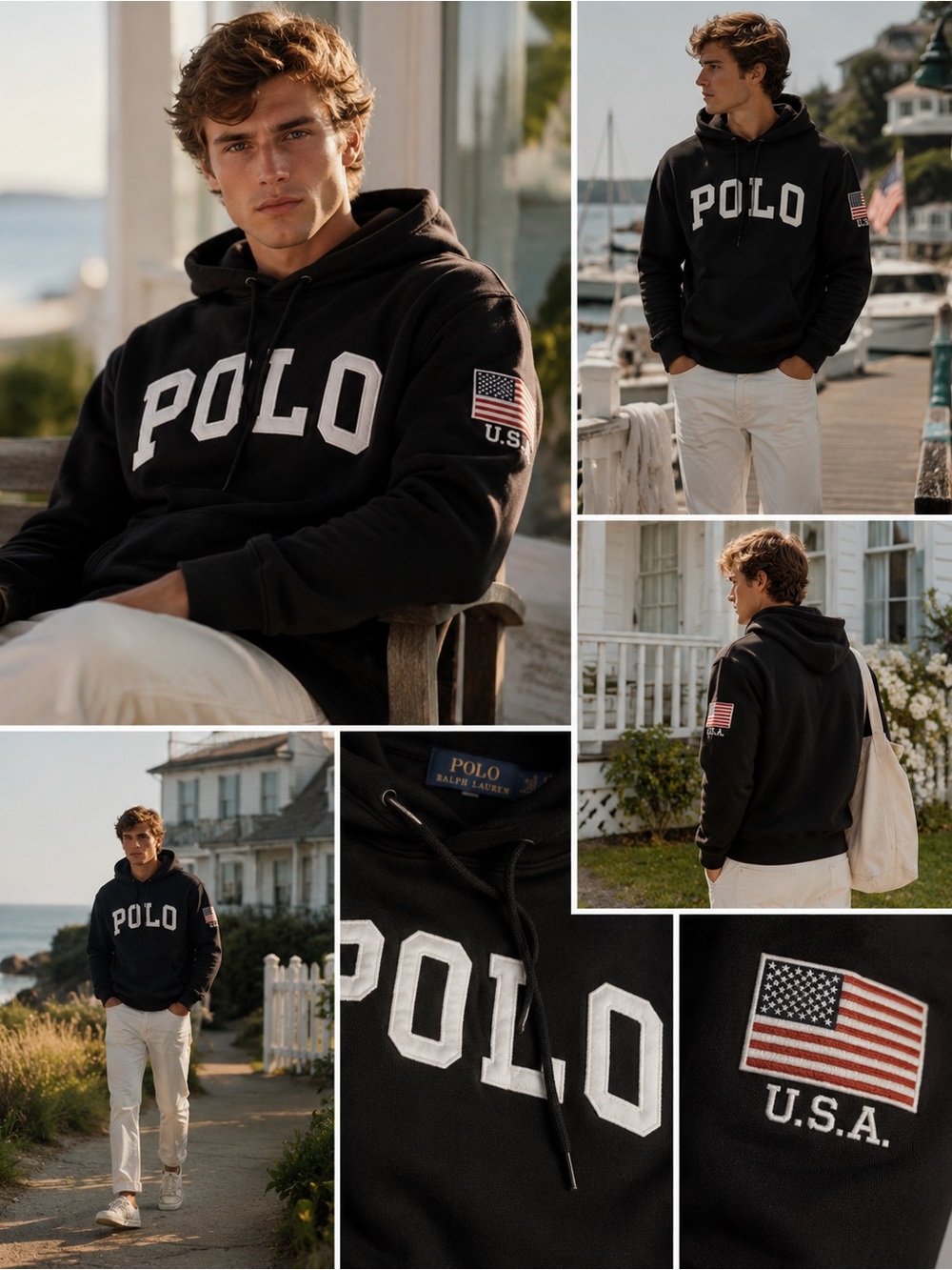 Polo Ralph Lauren USA Patch Hoodie Black Large Varsity Appliqué Sweatshirt